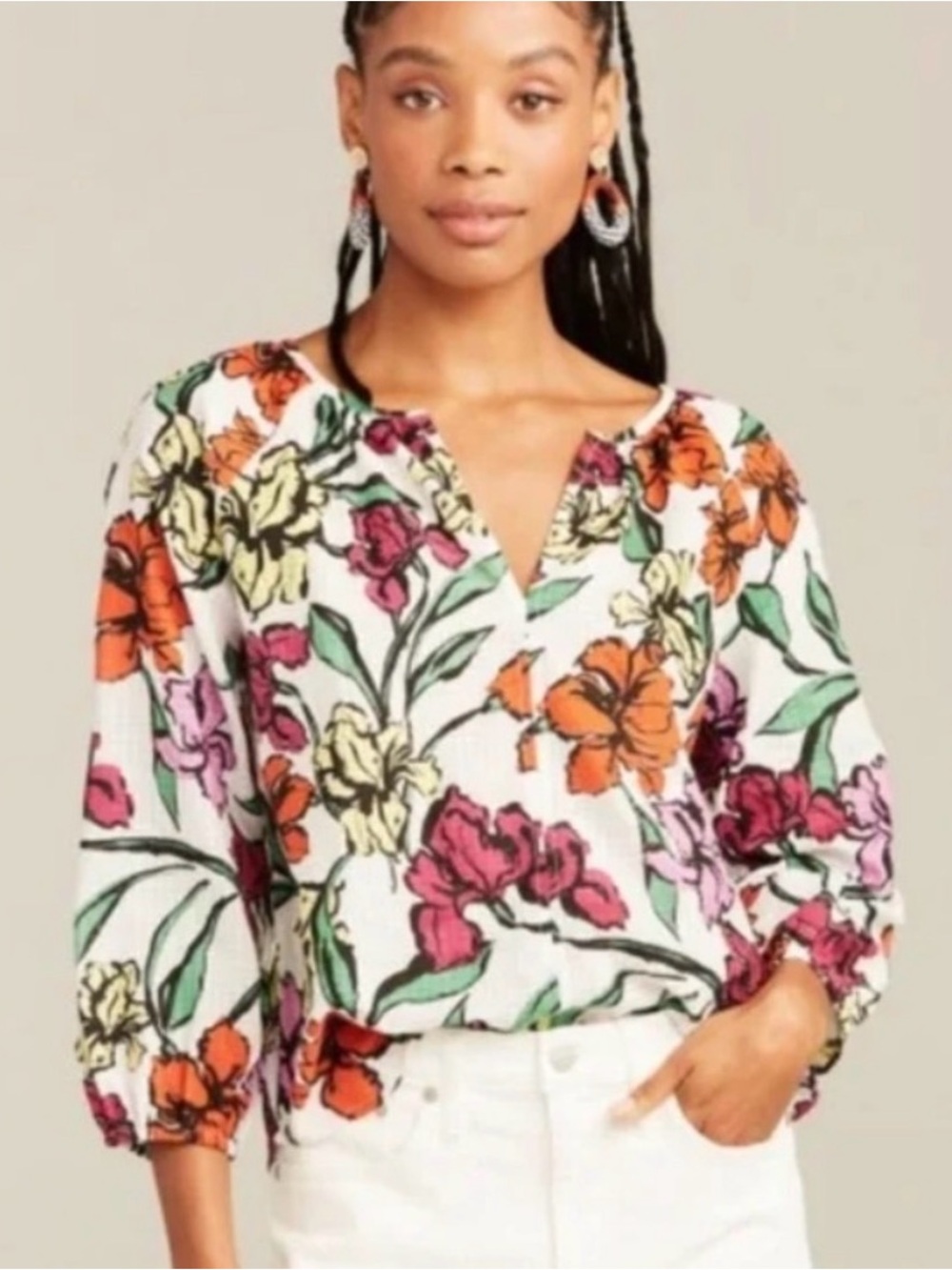Roller Rabbit Floral V-Neck Balloon Sleeve Top